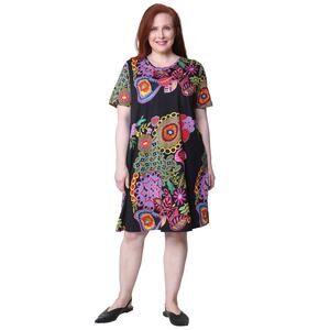 La Cera Novelty  Floral Print Short Sleeve A Line Dress Sz 2X Scoop Neck NWT